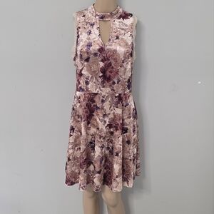 Xhilaration Champagne/ Wine Floral Velvet Lace Sleeveless Dress Size L Fit Flare